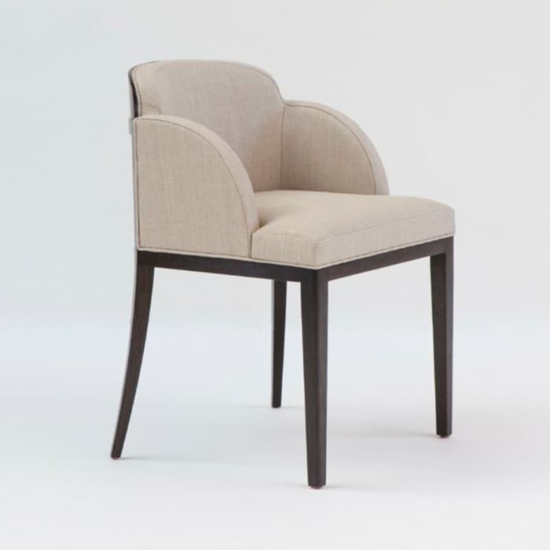 An elegant armchair featuring full beige linen-blend upholstery on the seat, backrest, and integrated armrests. The chair has a sturdy dark-stained wood frame that forms the legs and is partially exposed along the backrest. The legs are straight and tapered, complementing the contemporary design. — 3D model