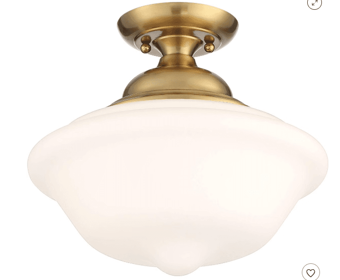 A semi-flush mount ceiling light fixture featuring a classic design with a brass-toned metal canopy and a bell-shaped opaque white glass shade. — 3D model