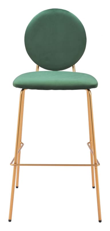 A modern bar stool with a velvet upholstered seat and backrest. The seat is circular and padded, while the backrest is a larger, vertically oriented circle. It is supported by four slender, angled legs made of metal, which are connected by a horizontal footrest. — 3D model