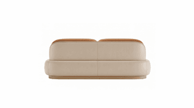 A contemporary two-seater loveseat featuring a distinct two-tone upholstery design. The seating surface and backrests are upholstered in a textured terracotta or rust-colored fabric, while the base and outer shell are covered in a smooth, light beige or cream-colored material, likely leatherette or a fine-grain leather. The design is characterized by rounded edges and a low profile, with the main body resting on a subtle wooden plinth base. Two spherical cushions, one in brown leather and one in a light woven fabric, are placed on the seat. — 3D model