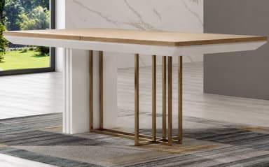 A modern rectangular dining table featuring a light wood-finished tabletop, appearing to be extendable, supported by a distinctive mixed-material base. One side of the base consists of a solid white panel leg, while the other features an open, geometric frame crafted from gold-finished metal. — 3D model