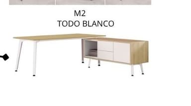 A modern L-shaped office desk featuring a light wood tabletop and an integrated storage credenza with white drawer fronts and open shelving, all supported by white metal legs. — 3D model