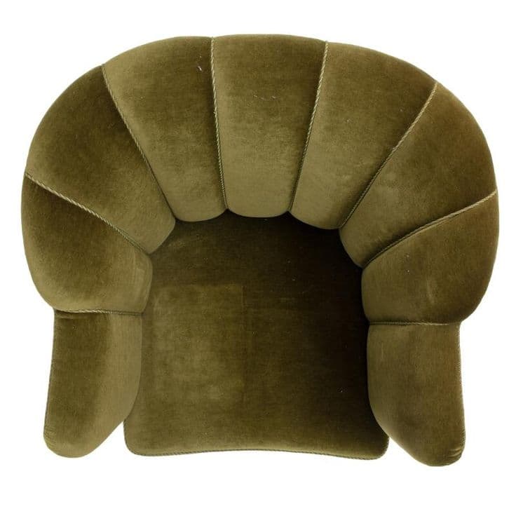 An armchair with a distinctive scalloped or fluted backrest and armrests. The upholstery appears to be a plush velvet fabric in a deep olive green color. The construction features prominent seams that define the curvature of the back and sides, with a decorative cord trim accentuating these lines. The seat is also upholstered in the same material. — 3D model