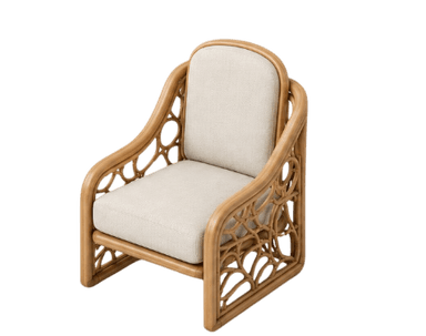 An accent armchair featuring a bent rattan frame with intricate, decorative cut-out patterns on the side and back panels. The chair is fitted with two removable upholstered cushions, one for the seat and one for the backrest, both in an off-white or cream fabric. The rattan has a natural, light brown finish, and the overall design suggests a bohemian or tropical aesthetic. The frame provides support and forms integrated armrests. — 3D model