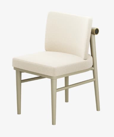 An armless dining chair featuring a fully upholstered seat and backrest in a textured, light cream boucle fabric. The frame is constructed from wood with a light sage green or greige finish, featuring gently tapered legs and stretchers for stability. A distinct cylindrical brass-toned metal accent is integrated into the upper part of one of the rear leg supports. — 3D model