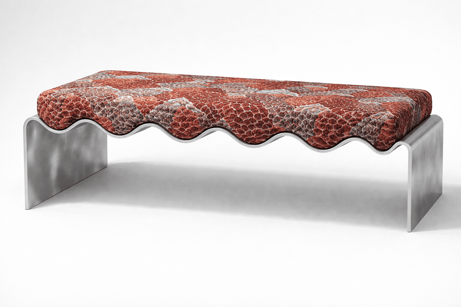 A bench with a distinctive wavy edge on the underside of the seat, supported by curved, U-shaped metal legs. The upholstery features a textured pattern resembling scales in shades of red, brown, and gray. — 3D model