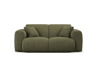 A modern, upholstered two-seater loveseat in a dark green textured fabric, presented on a white background. It features a low profile with soft, rounded edges on the arms and back, giving it a plush, inviting appearance. The seating area is divided into two distinct cushions, and two matching square throw pillows are placed on either side. — 3D model