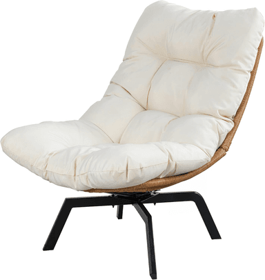 A low-profile lounge chair featuring a curved, woven rattan frame and thick, off-white tufted fabric cushions. The chair is supported by four black angled metal legs, providing a contemporary aesthetic. — 3D model