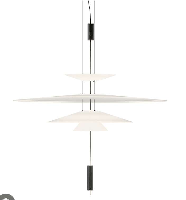 A modern pendant light featuring multiple tiers of white, translucent diffusers suspended from a central rod. The light provides diffused illumination, with a sleek, minimalist design that includes dark-colored structural elements and a textured cylindrical base. — 3D model