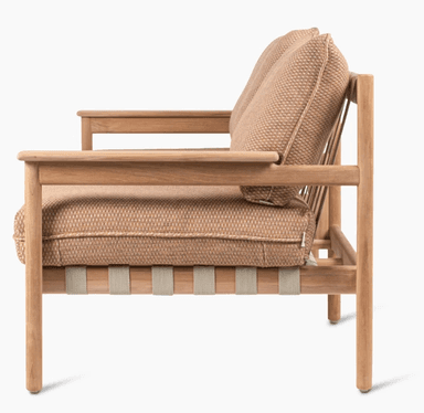 A modern outdoor sofa with a wooden frame and fabric upholstery. The backrest features a woven strap design, providing support and aesthetic appeal. The sofa appears to be designed for two to three occupants. — 3D model