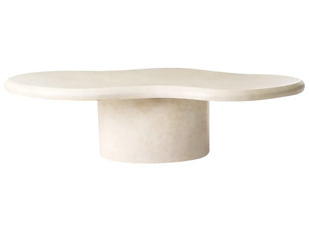 A contemporary coffee table featuring an irregular, wavy-edged top and a robust cylindrical pedestal base. The entire piece is rendered in a light, off-white, textured material, resembling plaster or a stone composite, giving it a monolithic and sculptural appearance. — 3D model