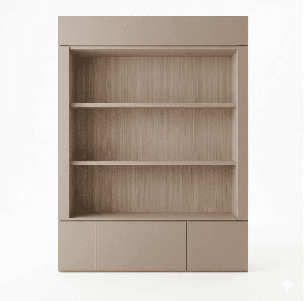 A modern bookshelf unit with an open shelving section above a closed cabinet base. The upper section features three horizontal shelves, each supported by the back panel and side supports. The back panel of the open shelving exhibits a wood grain texture. The lower section consists of three cabinet doors, arranged symmetrically. The overall design is minimalist and appears to be constructed from engineered wood or a similar composite material. — 3D model