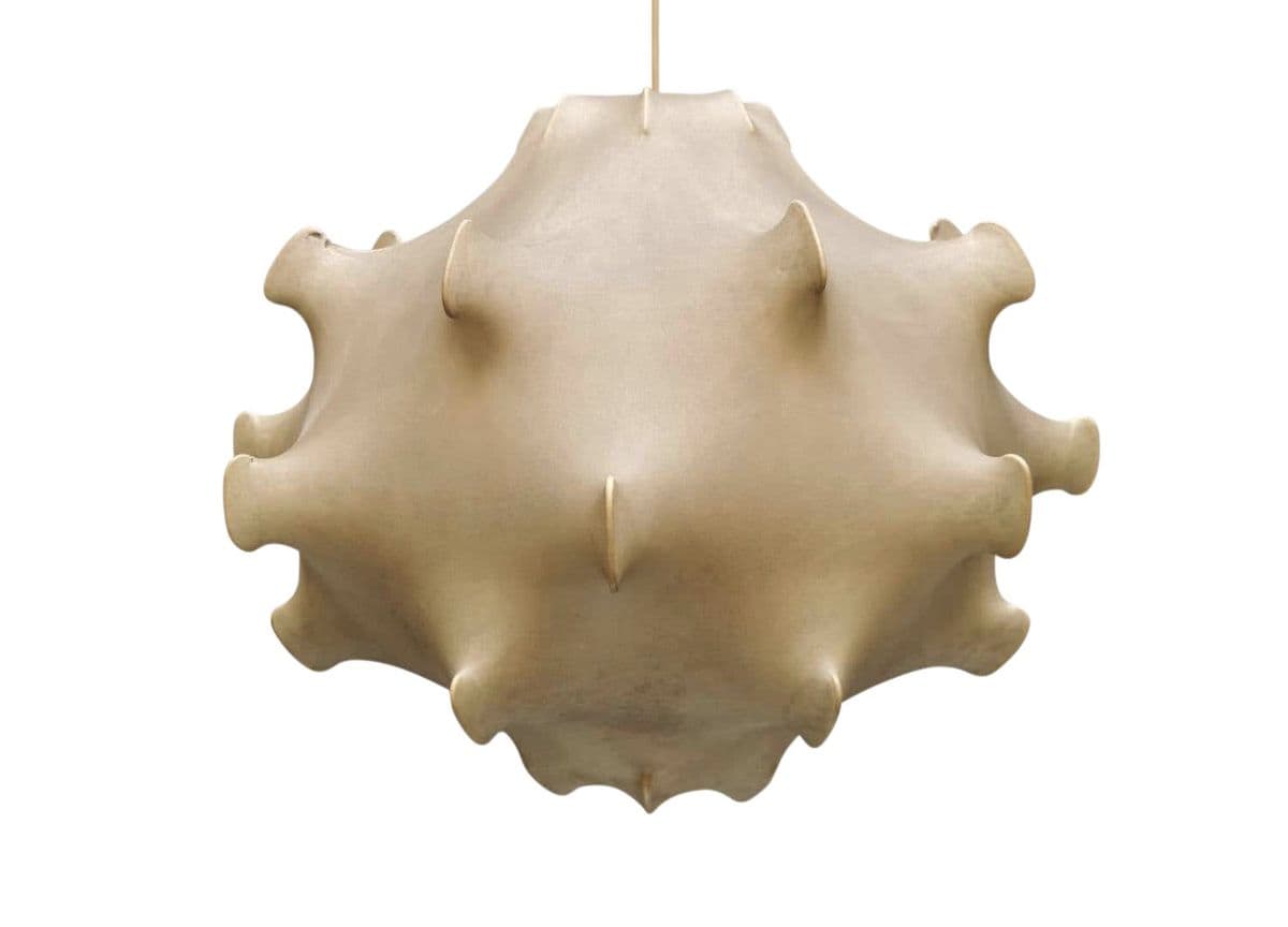 A cream-colored, organic sculptural pendant light with a biomorphic form, featuring multiple undulating folds and fin-like protrusions that create a dynamic, multi-faceted surface, likely designed for diffused illumination. — 3D model