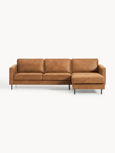 A sectional sofa with a chaise lounge extension. The sofa features a clean, modern design with a low profile and square arms. It is upholstered in a brown material that resembles leather and is supported by slim, black metal legs. — 3D model