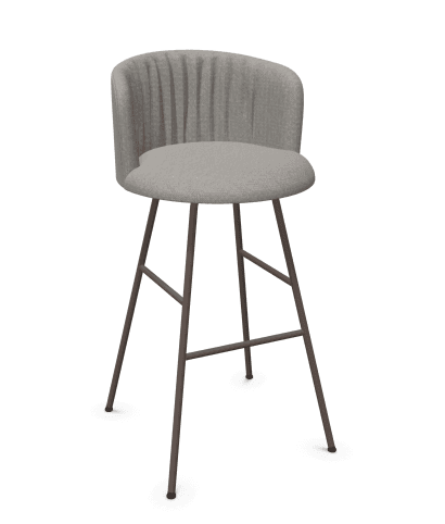 A modern bar stool with a curved, upholstered backrest featuring vertical pleats and a round, upholstered seat. The stool is supported by a slender, four-legged metal frame in a dark brown finish. — 3D model