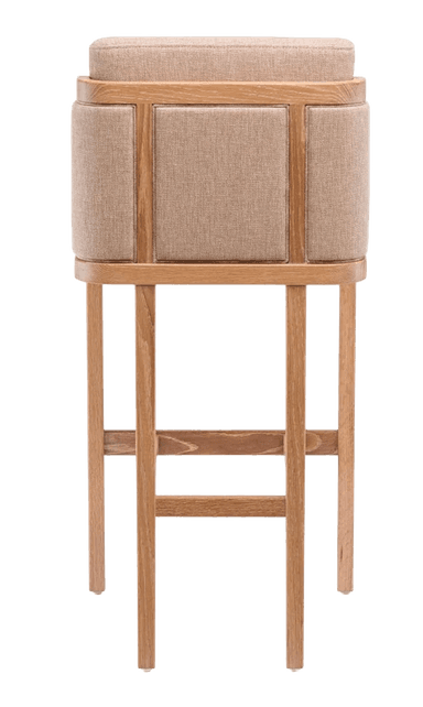 A modern bar stool with a wooden frame and upholstered seat and backrest. The stool has four straight legs connected by horizontal supports for stability. The seat and backrest are covered in a textured, light brown fabric. — 3D model