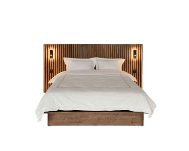 A modern platform bed featuring a wide, slatted wood headboard with integrated wall sconces, paired with a matching recessed platform base and simple white bedding. — 3D model