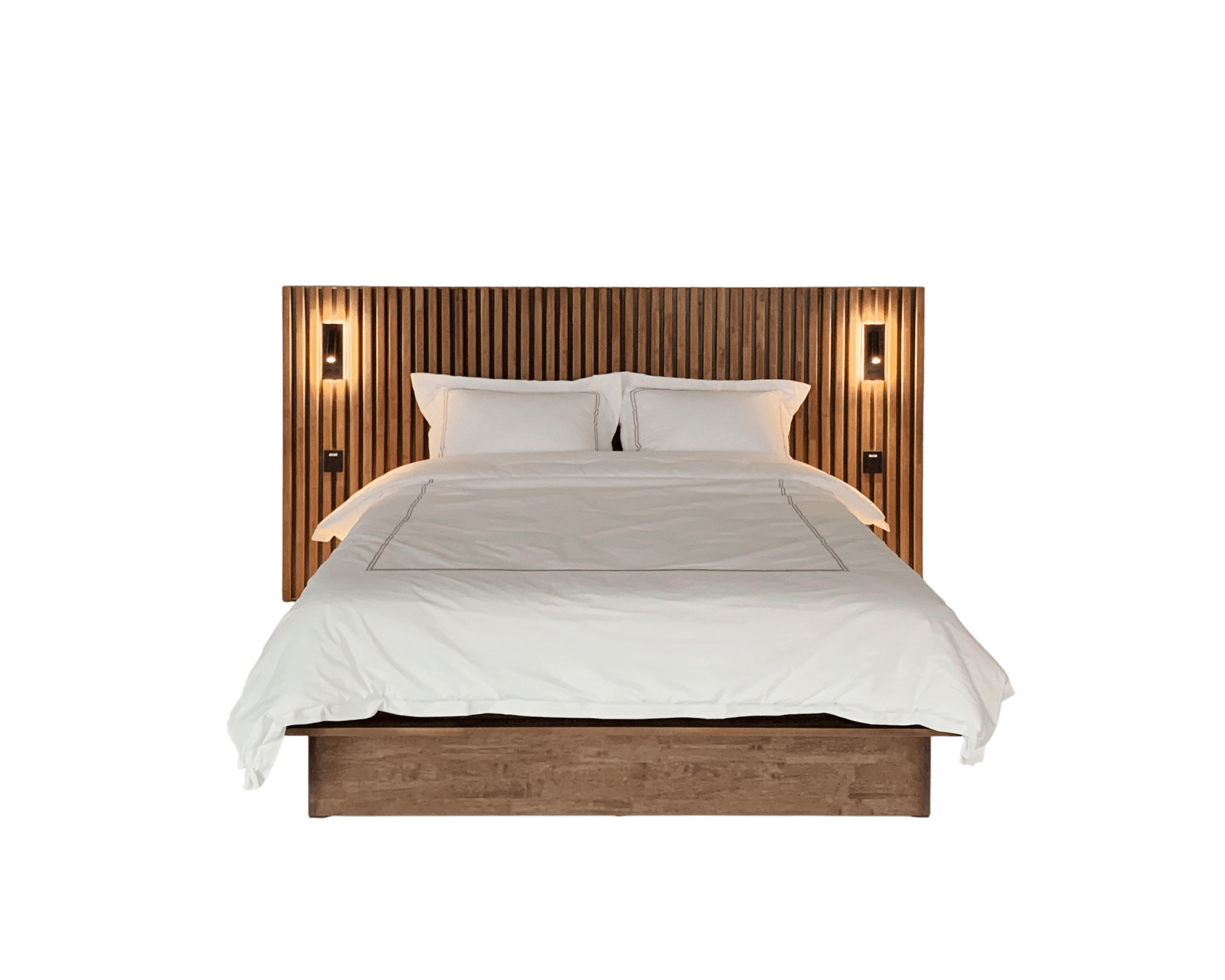 A modern platform bed featuring a wide, slatted wood headboard with integrated wall sconces, paired with a matching recessed platform base and simple white bedding. — 3D model