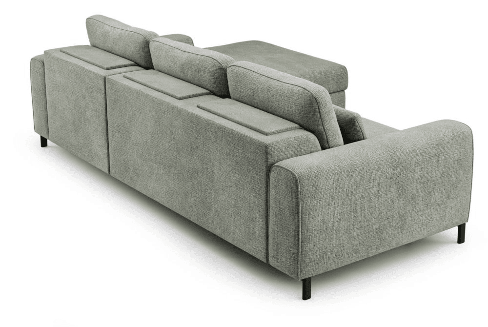A modern, modular sofa with a textured fabric upholstery. It features clean lines, rectangular armrests, and multiple back cushions with adjustable headrests. The sofa is supported by slender, dark-colored legs. — 3D model