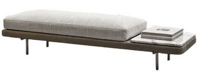 A contemporary bench featuring a long, rectangular light grey fabric upholstered cushion, a dark brown leather-wrapped base, and an integrated white marble side table, all supported by slim, dark-finished metal legs. — 3D model