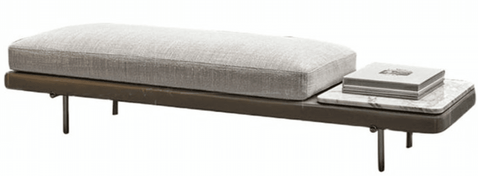 A contemporary bench featuring a long, rectangular light grey fabric upholstered cushion, a dark brown leather-wrapped base, and an integrated white marble side table, all supported by slim, dark-finished metal legs. — 3D model