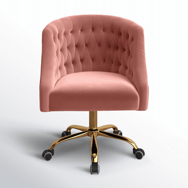 A blush pink velvet upholstered chair with a curved, tufted backrest and seat, supported by a gold-finished five-star swivel base with black caster wheels. The chair features deep diamond tufting on its interior back and arms, creating a classic, plush aesthetic. — 3D model