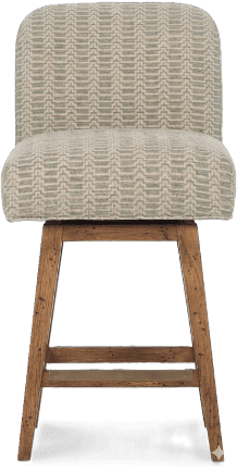 A wooden bar stool with a swiveling seat and backrest upholstered in a patterned fabric. The base is constructed from rustic-finished wood with crossbars for stability. The seat and backrest are padded and covered with a fabric featuring a repeating geometric pattern in muted green and cream tones. — 3D model