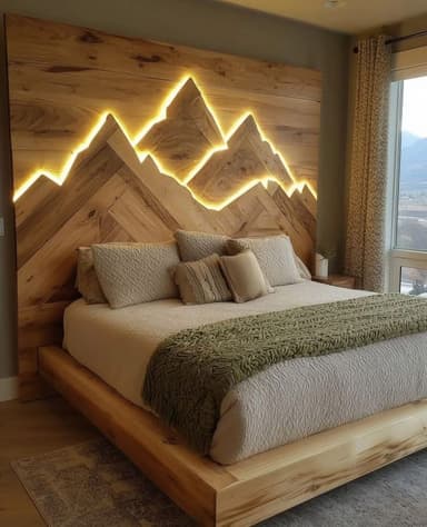 A decorative rectangular wooden wall panel featuring a light-colored wood with a prominent grain. The central portion of the panel is composed of wood planks arranged in a herringbone pattern. Integrated LED lighting illuminates abstract mountain-shaped cutouts, creating a warm, ambient glow along the contours of the mountain silhouettes. The panel has a clean, finished edge, suggesting a contemporary and nature-inspired design. — 3D model