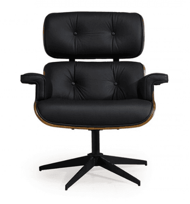 A classic mid-century modern lounge chair, inspired by the iconic Eames Lounge Chair, featuring a molded plywood shell in a walnut finish and black leather upholstery on the seat, back, and headrest cushions. It sits on a black metal five-star swivel base. — 3D model