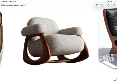 A modern lounge chair featuring a generously padded light gray upholstered seat and backrest, supported by a distinctive, continuously curved wooden frame. The frame forms the base, armrests, and back support, creating a fluid, sculptural silhouette. The upholstery has a textured appearance, and the bentwood frame showcases a warm, rich brown tone. — 3D model