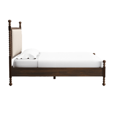 A dark-stained wooden bed frame featuring an upholstered headboard. The headboard and footboard both incorporate turned posts, with the headboard posts being taller and having a distinctive reeded or spiraled detail. The upholstered panel is a light, neutral-toned fabric. — 3D model
