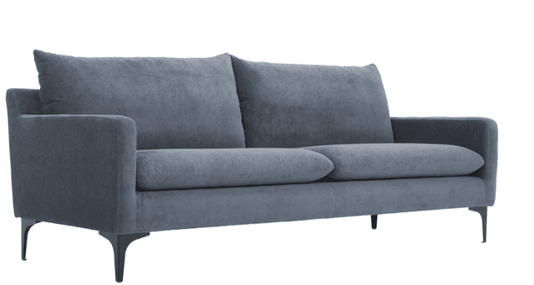 A two-seater sofa with a modern design. It features plush, upholstered cushions for the back and seat, and has padded armrests that are integrated into the main frame. The sofa is supported by four slender, angled legs made of dark metal. — 3D model