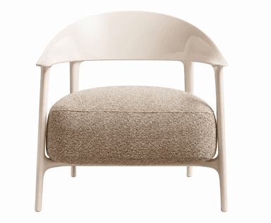A contemporary armchair featuring a smoothly rounded, light-colored frame that integrates the backrest and armrests. The seat consists of a thick, upholstered cushion covered in a textured beige fabric. — 3D model