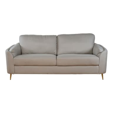 A contemporary two-seater sofa upholstered in light grey leather, featuring a low profile and clean lines. It has two individual seat cushions, two back cushions, and two integrated bolster cushions within the curved armrests. The sofa is supported by slender, tapered brass-finished metal legs, providing a modern aesthetic. — 3D model