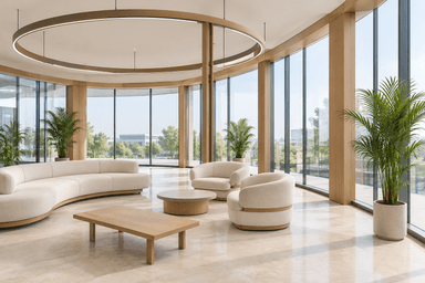 A contemporary, curved serpentine sofa upholstered in a light, cream-colored textured fabric, featuring a low integrated backrest and armrests, and resting on a subtle recessed plinth base. — 3D model