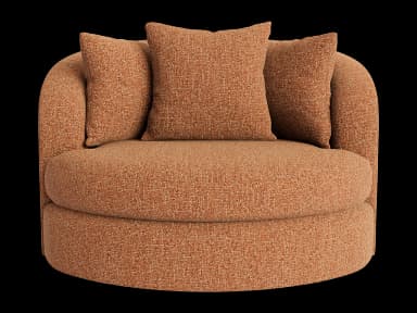 A cylindrical ottoman upholstered in a textured fabric. It has two small, triangular back cushions attached to the top surface, angled outwards. The upholstery features a subtle weave with variations in color, creating a speckled appearance. — 3D model