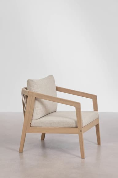 A modern armchair with a light wood frame and a woven rope backrest. It features a cushioned seat and back, upholstered in a neutral-toned fabric. The design emphasizes natural materials and a minimalist aesthetic, suitable for outdoor or indoor use. — 3D model