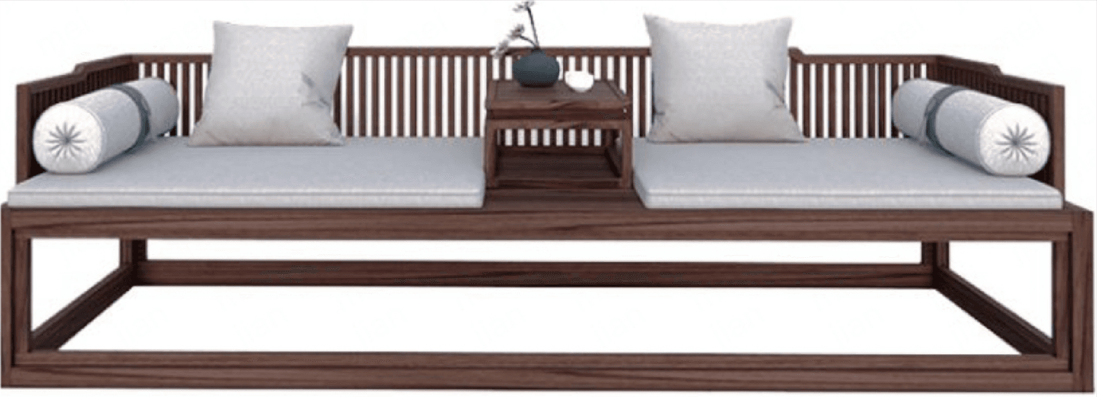 A wooden daybed with a slatted backrest and armrests. It features two seat cushions, two square throw pillows, and two cylindrical bolster pillows. A small wooden table with decorative items is positioned in the center of the backrest. — 3D model