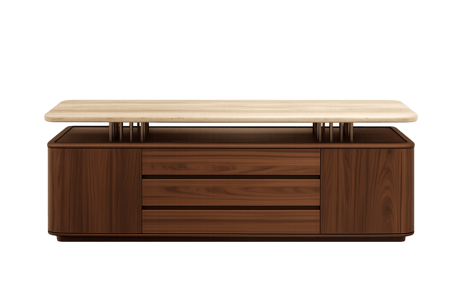 A contemporary low-profile storage cabinet featuring dark wood (likely walnut) with rounded edges, resting on a recessed base. It incorporates a central section of three drawers flanked by two cabinet doors. An elevated, light-colored stone slab with rounded edges serves as the top surface, supported by multiple slender, cylindrical metal rods. — 3D model
