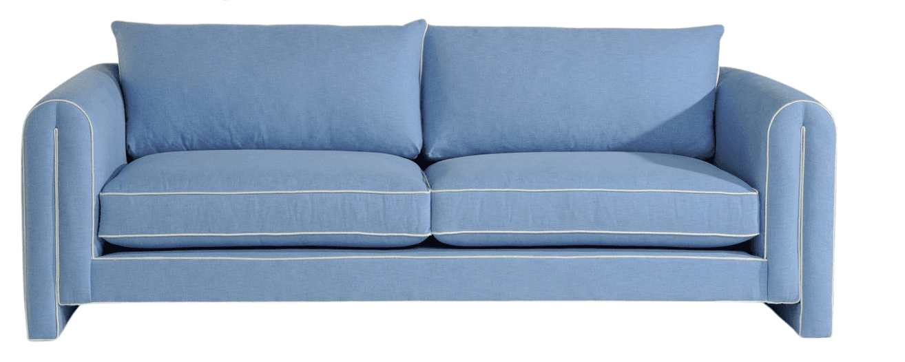 A two-seater sofa upholstered in a light blue fabric. The sofa features two back cushions and two seat cushions. It has rounded armrests and a straight base. White piping outlines the edges of the cushions, armrests, and the base. — 3D model
