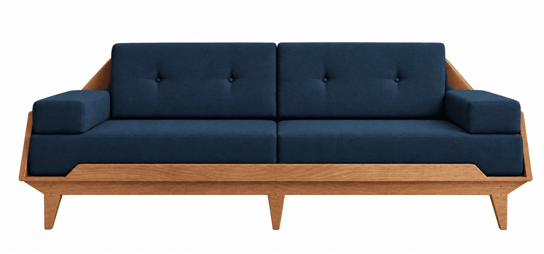 A two-seater sofa featuring a clean-lined, exposed wooden frame with navy blue upholstered cushions. The frame is made of light-toned wood, likely oak, and includes tapered legs. The back cushions are button-tufted, and the armrests are short, rectangular, and upholstered. — 3D model