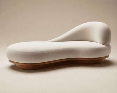 An organic modern chaise lounge featuring a soft, cream-colored upholstered body with a distinctive asymmetrical and curvilinear form. The plush seating surface and integrated, gently sloped backrest are supported by a contoured, dark wood base that mirrors the organic shape of the upper section. The design emphasizes comfort and fluid lines. — 3D model