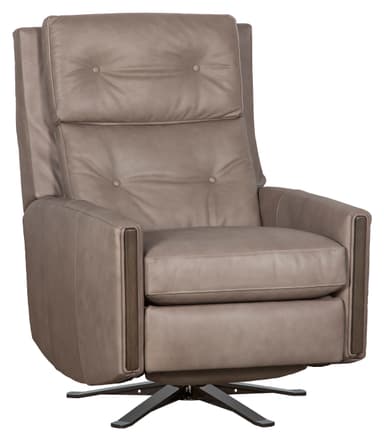 A modern swivel recliner upholstered in taupe-colored leather. The chair features tufted back cushions and seat, with padded armrests. It has distinct wooden accents on the sides of the armrests. The base is a dark-colored, star-shaped swivel mechanism. — 3D model