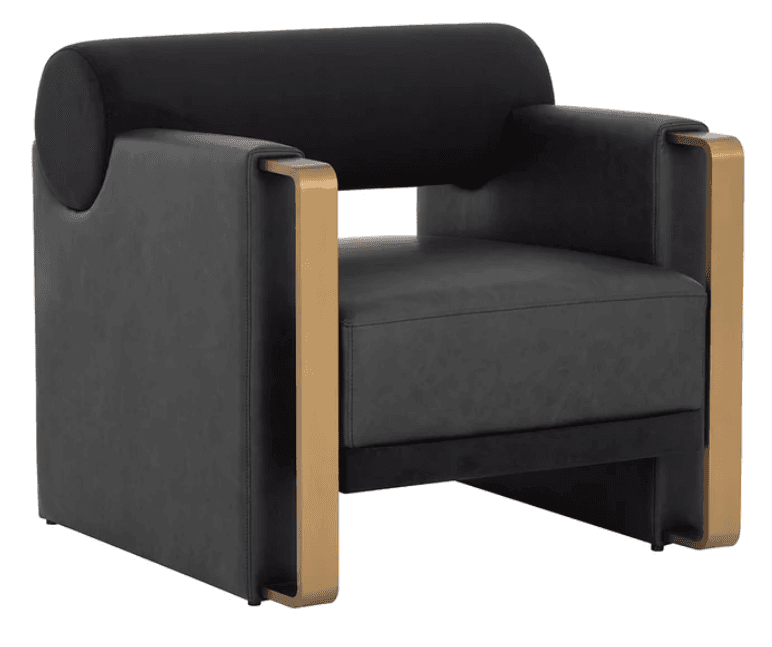 A modern armchair featuring a sleek design with a black upholstered seat, back, and armrests. The chair is distinguished by its prominent gold-toned metal frame that forms the armrests and supports the structure, adding a luxurious contrast to the dark upholstery. The backrest has a rounded top, and the overall silhouette is boxy yet elegant. — 3D model