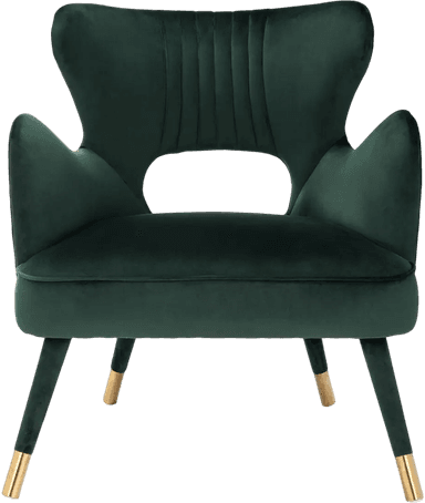 An elegant emerald green velvet accent chair featuring a sculpted form, fluted back detail, and gold-capped tapered legs. The chair has an open back design with gracefully curved arms, suitable for luxurious interior settings. — 3D model