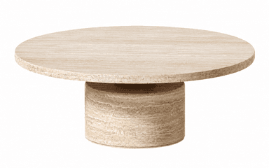 A low, round coffee table made entirely from light beige travertine, featuring a thick circular top and a substantial cylindrical pedestal base. The stone exhibits natural variations in color and a porous texture. — 3D model