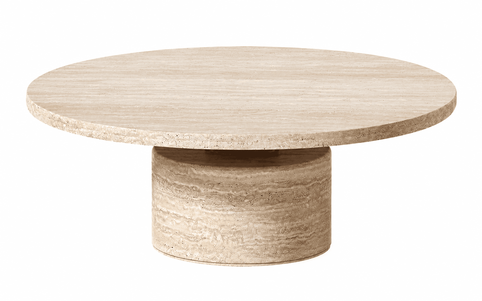 A low, round coffee table made entirely from light beige travertine, featuring a thick circular top and a substantial cylindrical pedestal base. The stone exhibits natural variations in color and a porous texture. — 3D model