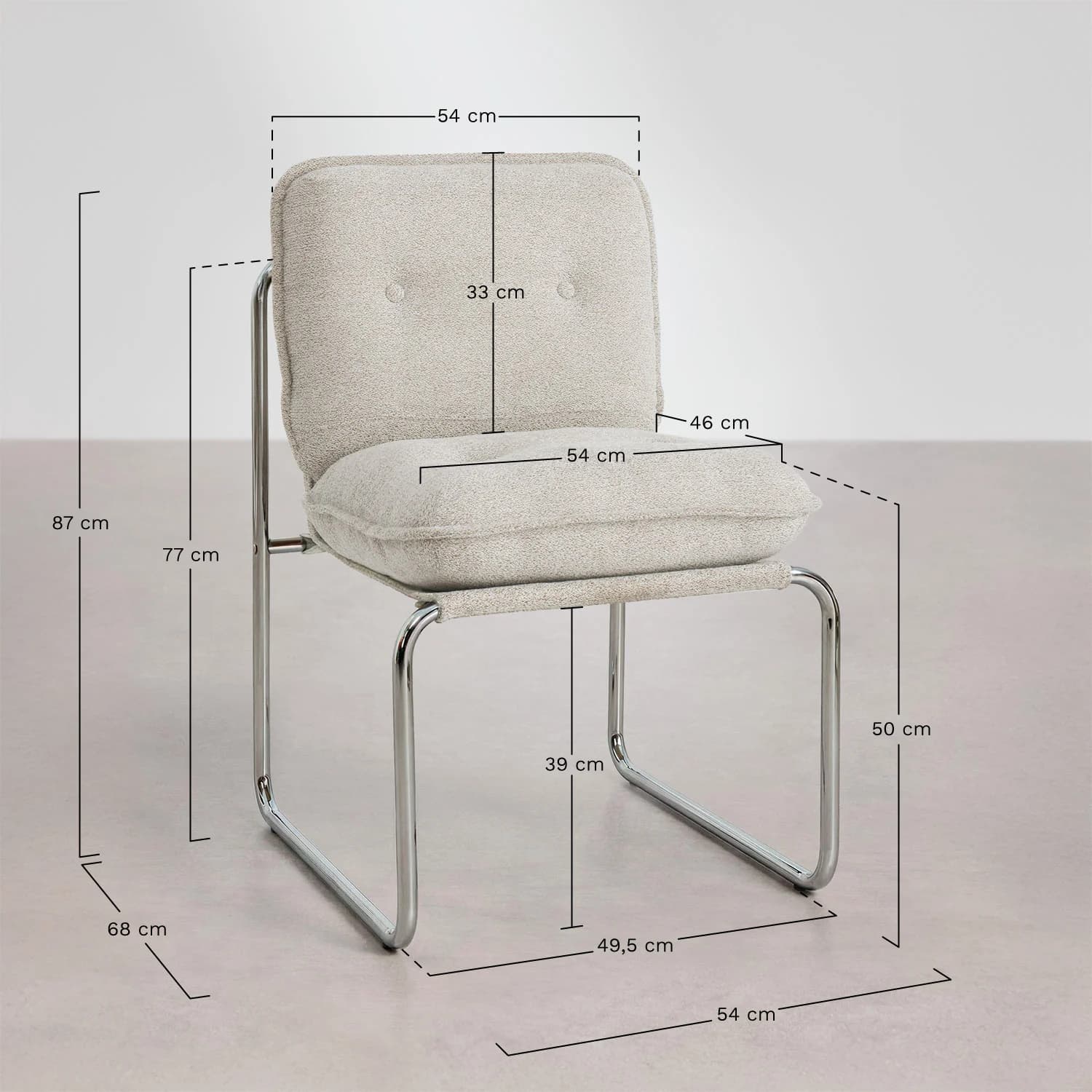 A modern cantilever chair featuring a continuous tubular chrome frame and light beige, textured bouclé-like fabric upholstery. The chair includes separate, plush seat and back cushions, with the backrest adorned with subtle button tufting. Its armless design and standard seat height make it suitable for dining or as an accent piece. Dimensions are provided, with an overall height of 87 cm and a seat height of approximately 50 cm. — 3D model