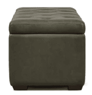 A rectangular storage ottoman with a tufted top, upholstered in a dark olive green material that appears to be leather or a high-quality faux leather. The base has a simple, clean-lined design, and it sits on short, dark wooden legs. The top lid is hinged, indicating it provides access to storage space within. — 3D model