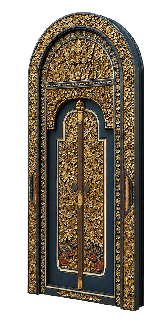 A highly ornate, arched wooden door featuring extensive gold-painted carvings against a dark blue background. The carvings depict intricate floral motifs and, near the bottom, stylized mythical creatures with red and black accents. The door has a central vertical beam with a brass-colored handle and a lock mechanism. The entire structure is framed by the heavy, dimensional carving. — 3D model